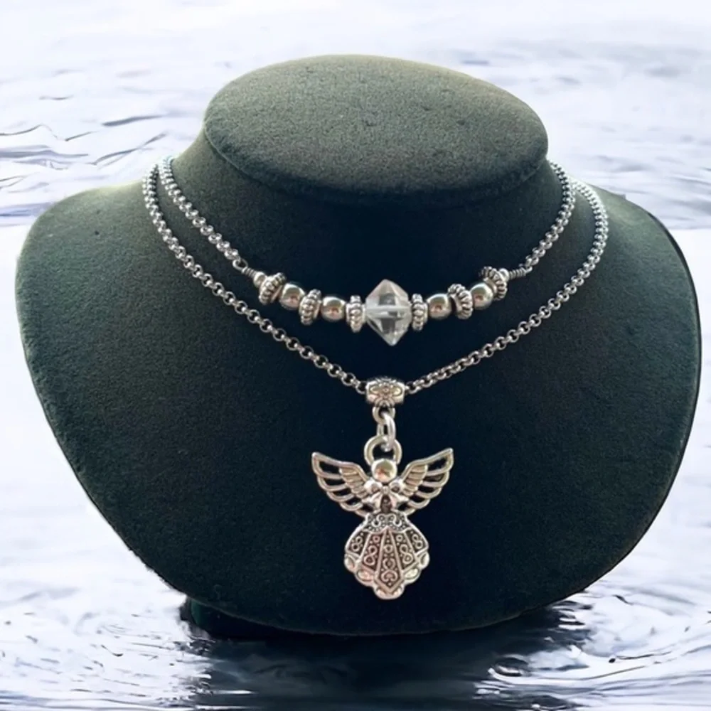 Genuine herkimer diamond crystal double layer stainless steel angel necklace